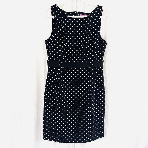 LDT Black & White Polka Dot Structured Dress with Belt & Fully Lined ~ Size 12 - Picture 1 of 8